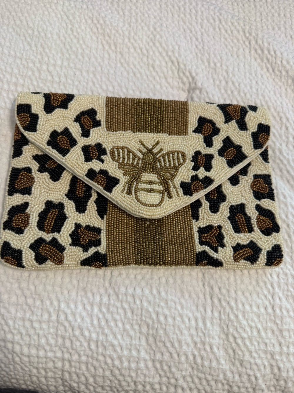 Leopard Beaded Envelope Clutch with Gold Bee Accent - From an Upscale Boutique